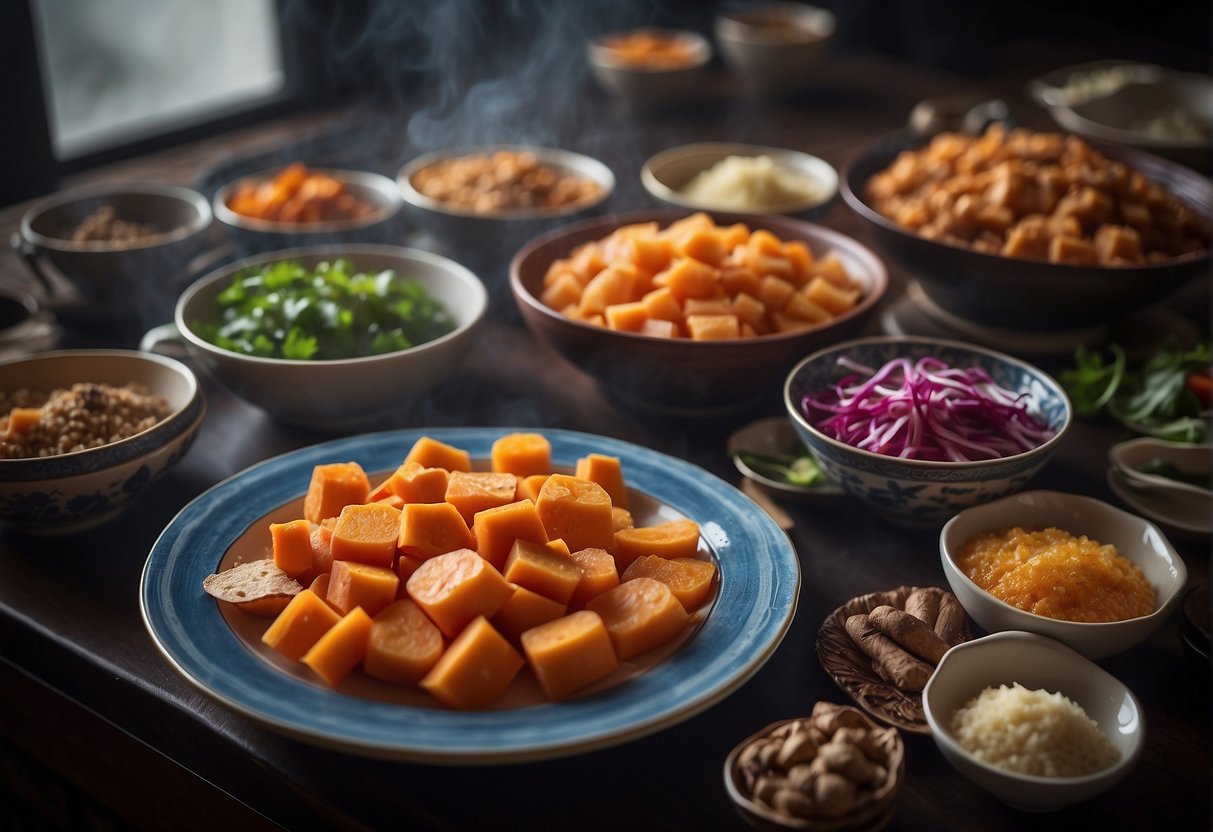 A table filled with colorful Chinese-style sweet potato dishes, steam rising, chopsticks nearby