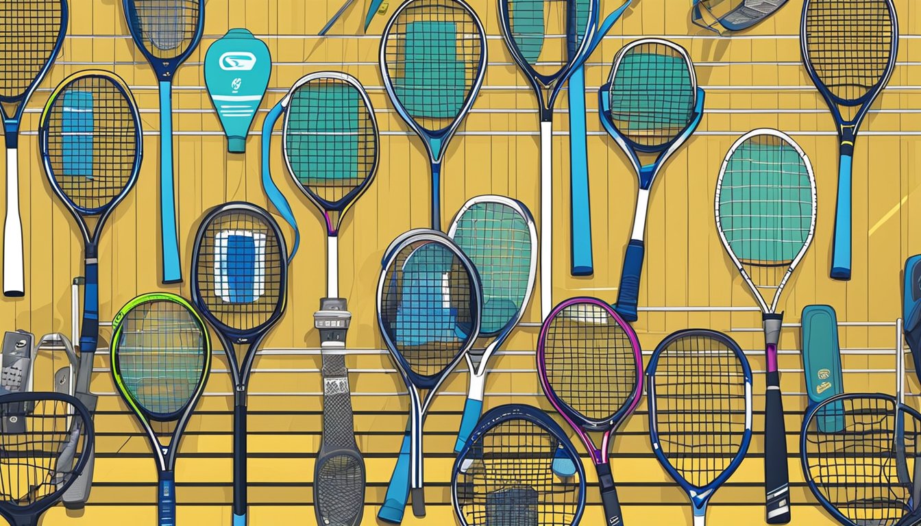 A display of badminton rackets with price tags in a sports equipment store in Singapore