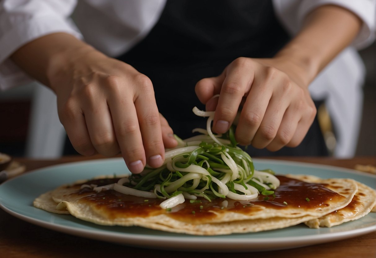 A chef spreads hoisin sauce on a thin pancake, then adds slices of succulent Peking duck and crispy scallions before rolling it up