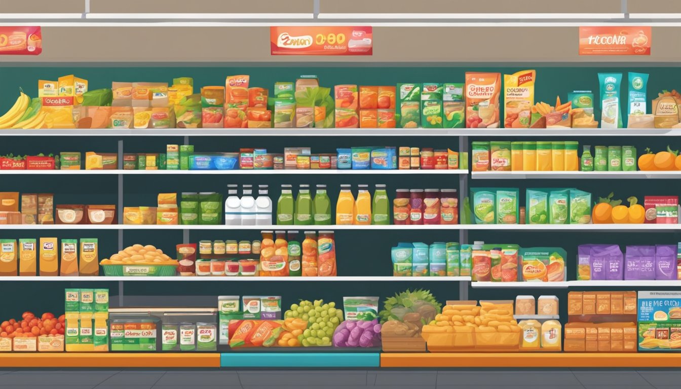 Shelves of affordable groceries at a bustling supermarket in Singapore. Brightly colored signs display discounted prices on a variety of food items