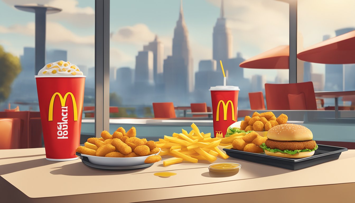 A table set with McDonald's food, including a tray with fries, nuggets, and a container of curry sauce. The iconic golden arches logo is visible in the background