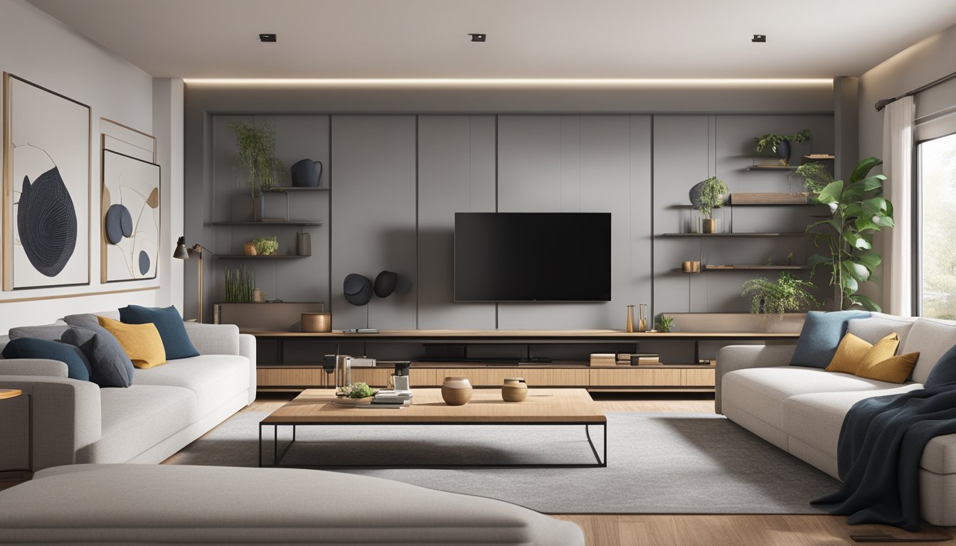 A cozy living room with a large, sleek TV mounted on the wall. Surround sound speakers and a comfortable sofa create an immersive viewing experience. Online shopping websites are displayed on a nearby tablet or laptop