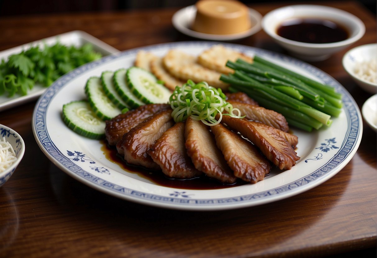A table set with a plate of crispy Peking duck, accompanied by a stack of thin Chinese pancakes, a bowl of hoisin sauce, and a dish of fresh green onions and cucumber slices