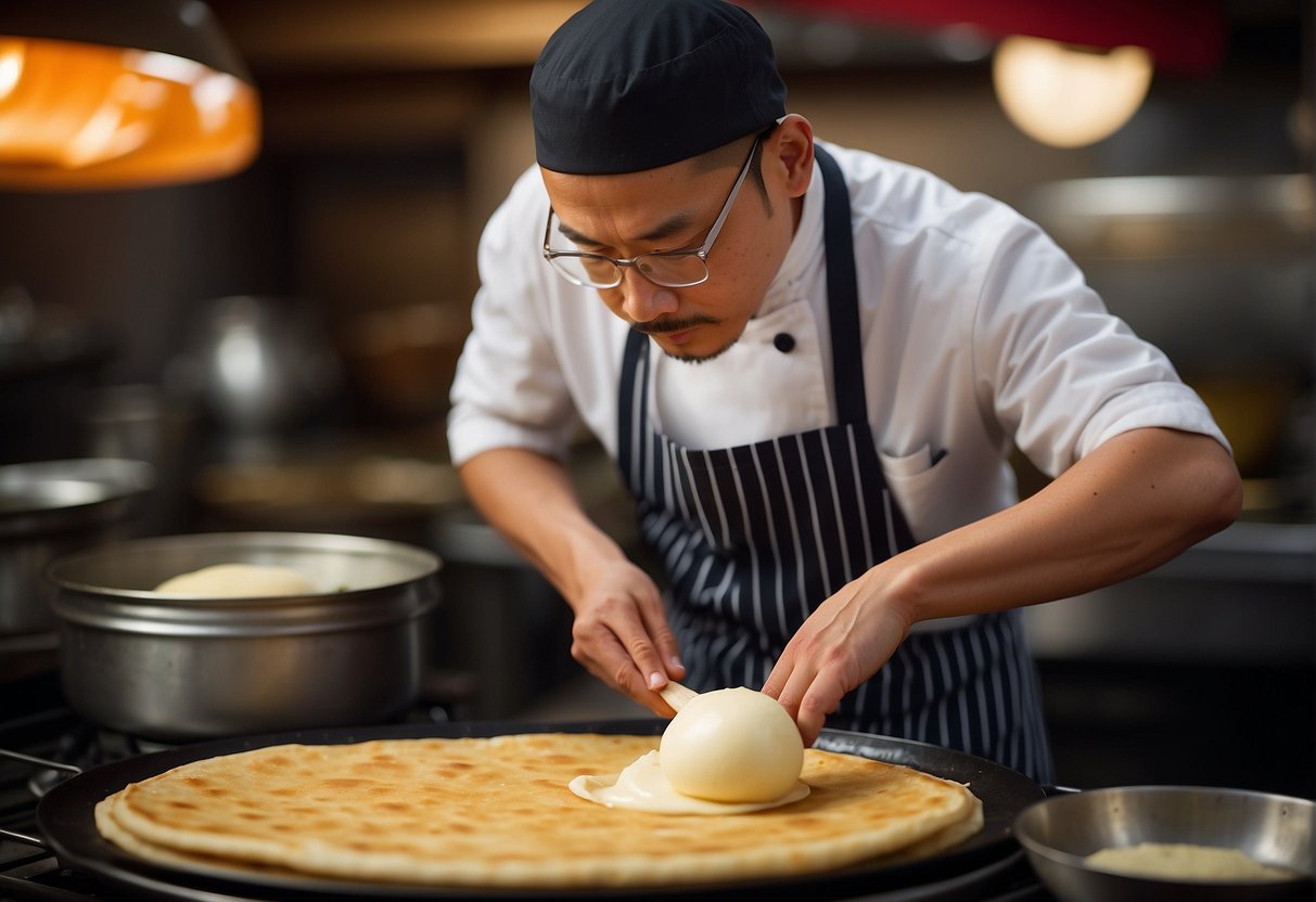 A chef prepares a traditional Chinese pancake, used to wrap succulent pieces of Peking duck, symbolizing the cultural significance of this iconic dish