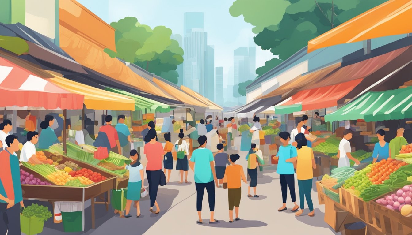 A bustling market with colorful stalls and signs advertising affordable groceries in Singapore. Shoppers browse through fresh produce and packaged goods, while vendors call out their best deals