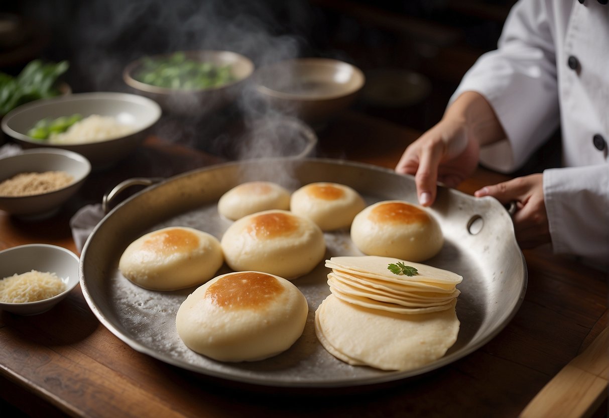 A chef prepares Chinese pancakes for Peking duck, ingredients laid out on a wooden table, with a rolling pin and skillet nearby
