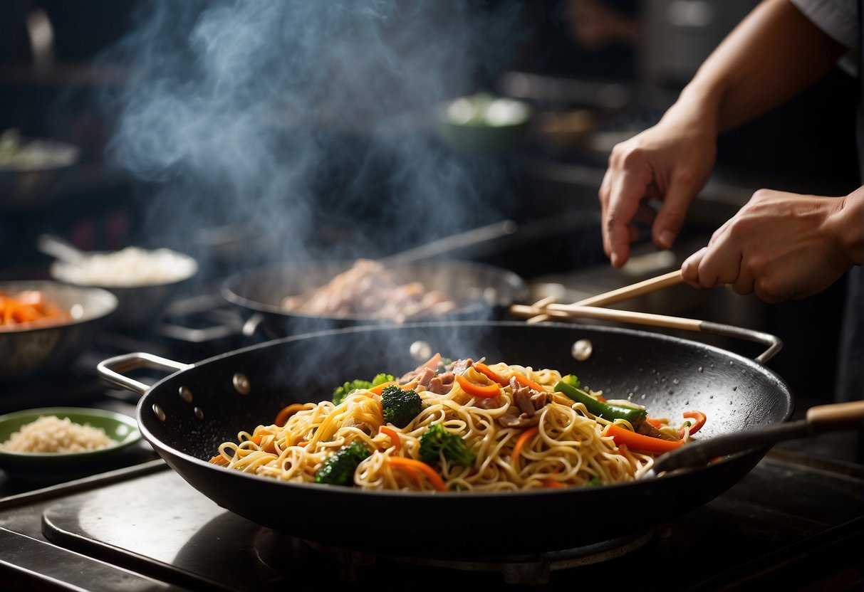 A wok sizzles with stir-fried noodles, vegetables, and meat. A chef adds soy sauce and seasonings, creating a fragrant Chinese pancit dish