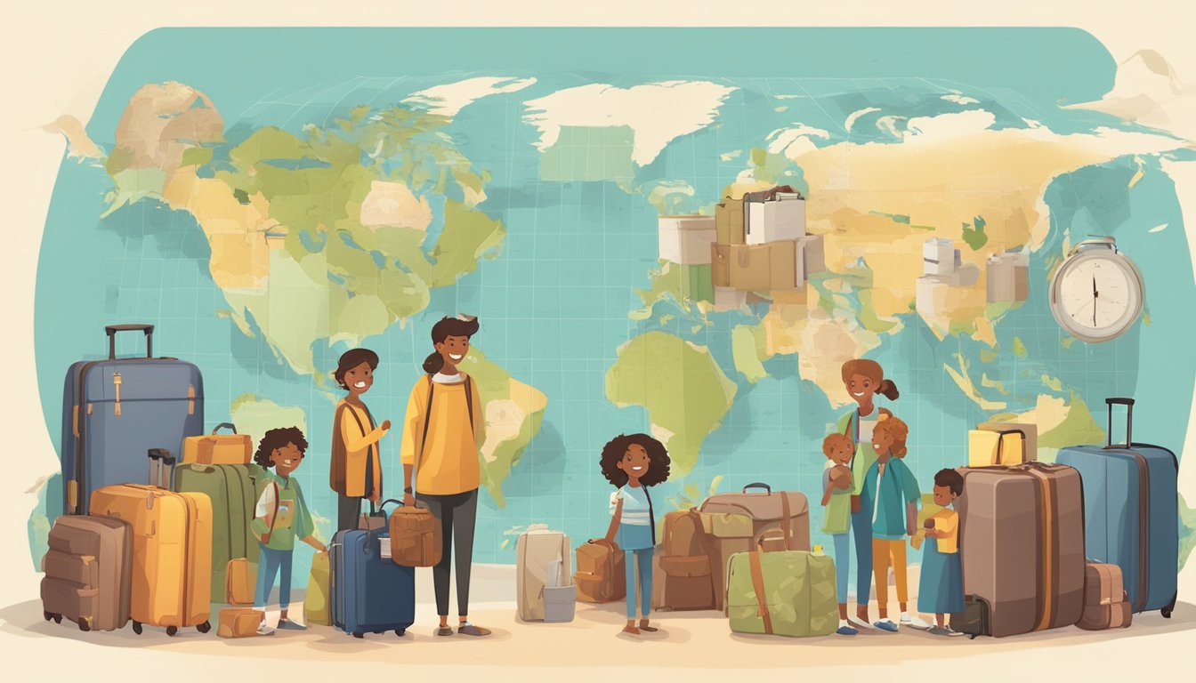 A family stands in front of a world map, surrounded by suitcases and travel essentials. They are smiling and discussing their next adventure