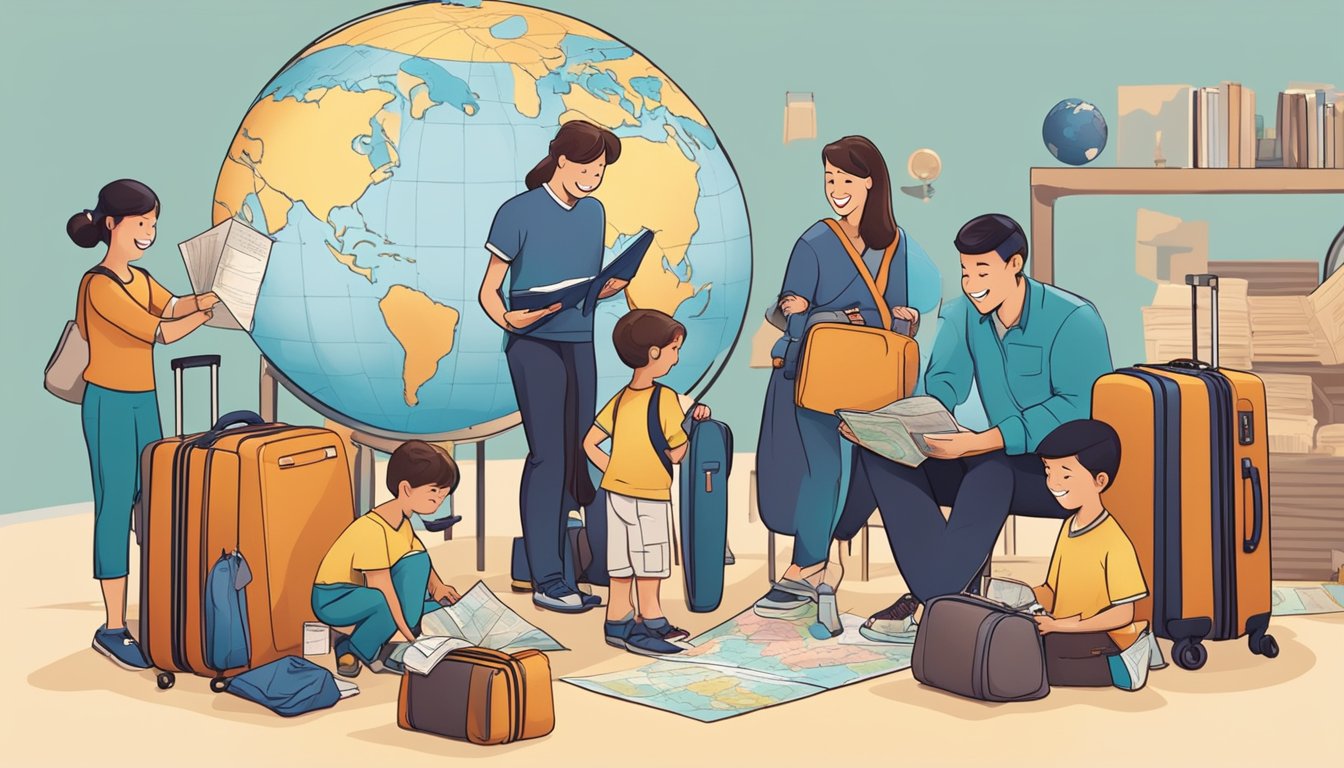 A family packs suitcases, maps, and passports, gathering around a globe. They smile, excitedly discussing their upcoming journey