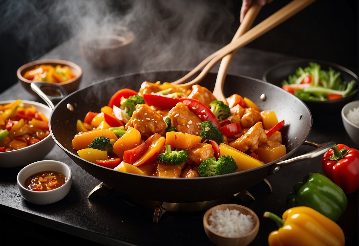 A wok sizzles with chunks of golden brown chicken, coated in a glossy sweet and sour sauce. Surrounding the dish are vibrant vegetables like bell peppers, pineapple, and onion, creating a colorful and appetizing scene
