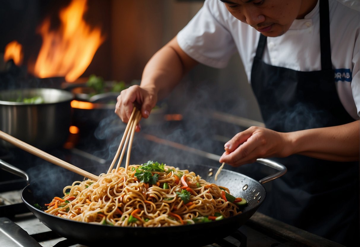 A wok sizzles with stir-fried noodles, vegetables, and meat, as a chef adds soy sauce and sesame oil, creating a traditional Chinese pancit dish