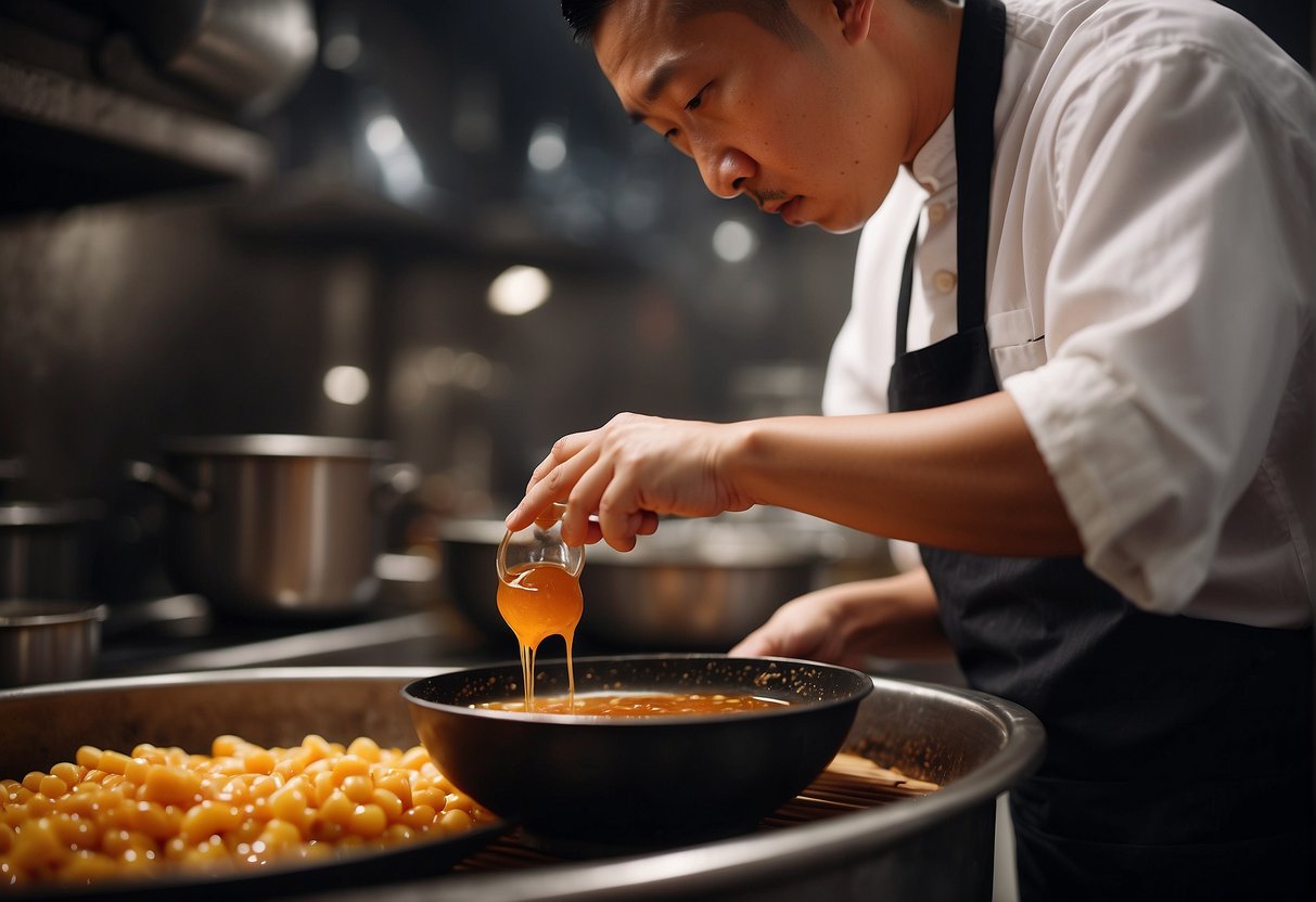 A Chinese chef mixes soy sauce, vinegar, and sugar to create the iconic sweet and sour sauce for chicken