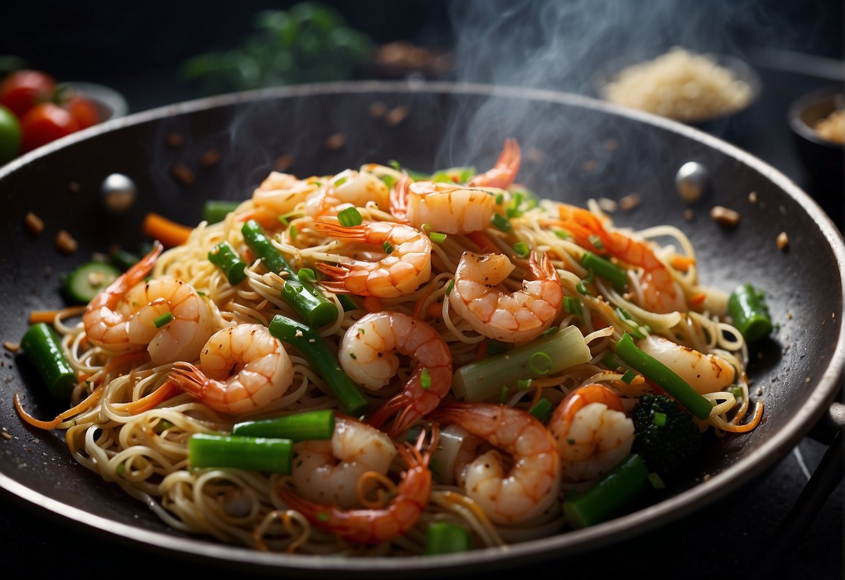 A wok sizzles with stir-fried noodles, shrimp, and vegetables. Soy sauce and sesame oil add flavor, while a sprinkle of green onions finishes the dish