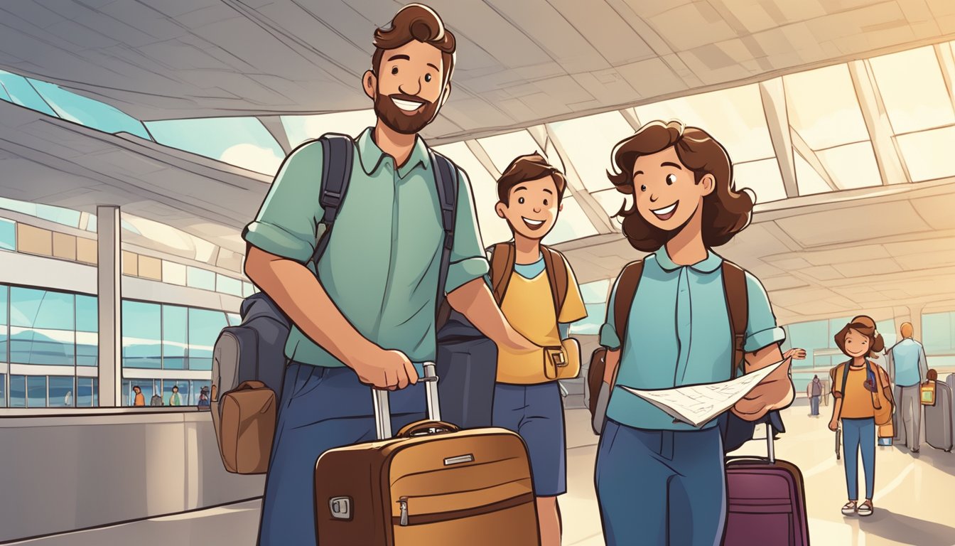 A family stands at an airport with luggage, passports, and a map. They are smiling and looking excited as they prepare to embark on their adventure