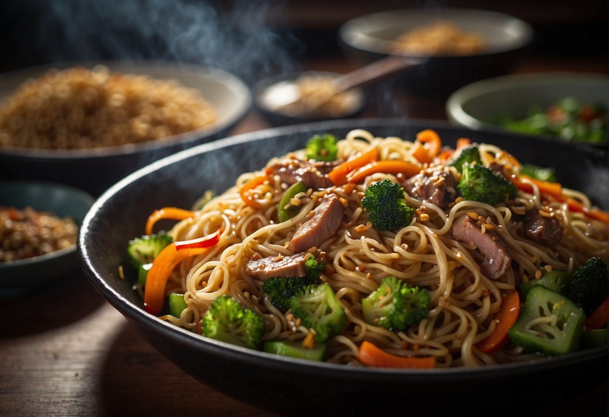 Sizzling wok stir-frying noodles, vegetables, and meat with soy sauce and spices for Chinese pancit recipe