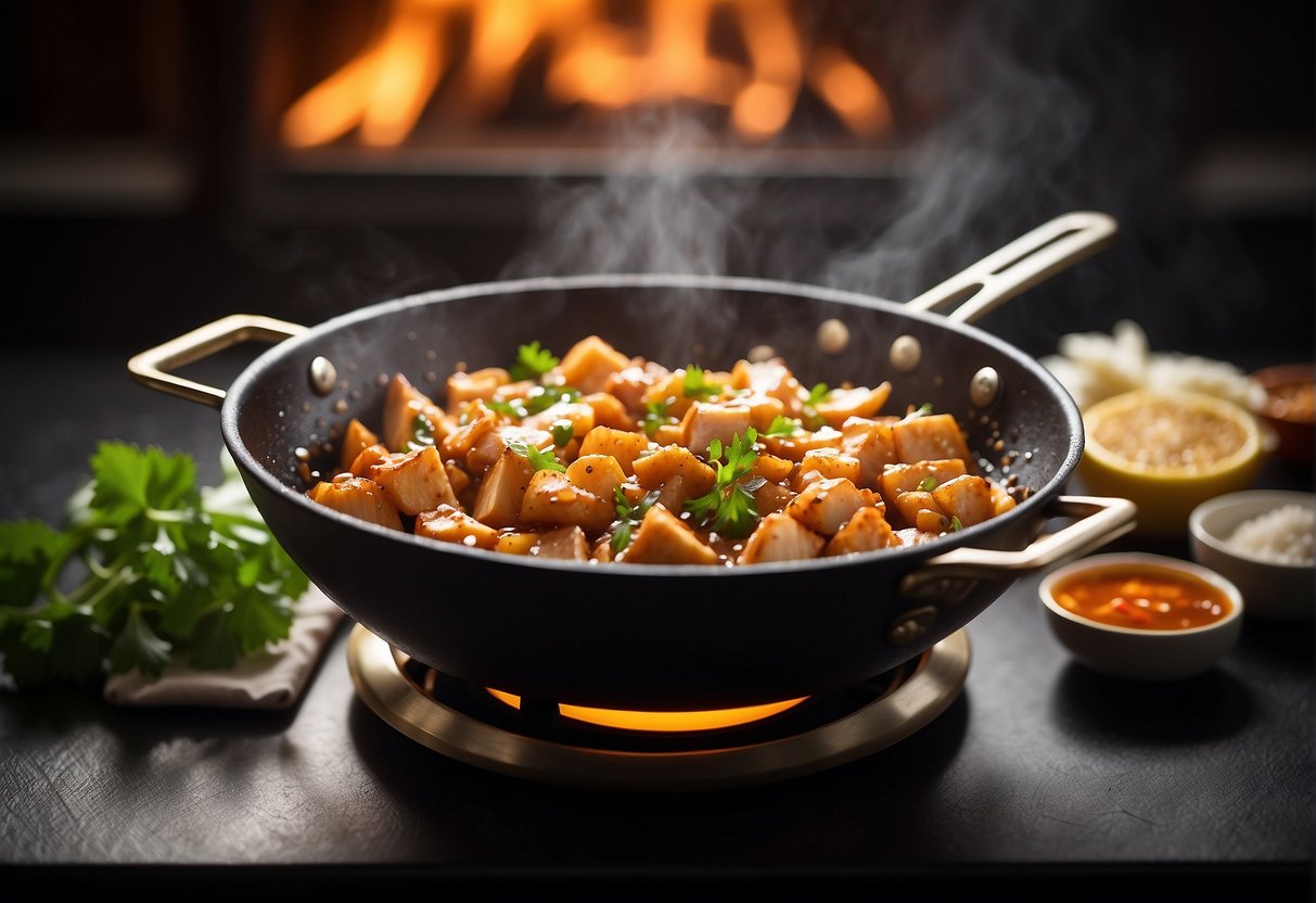 A wok sizzles with diced chicken, soy sauce, vinegar, and sugar. Ginger and garlic add aroma. Cornstarch thickens the sauce