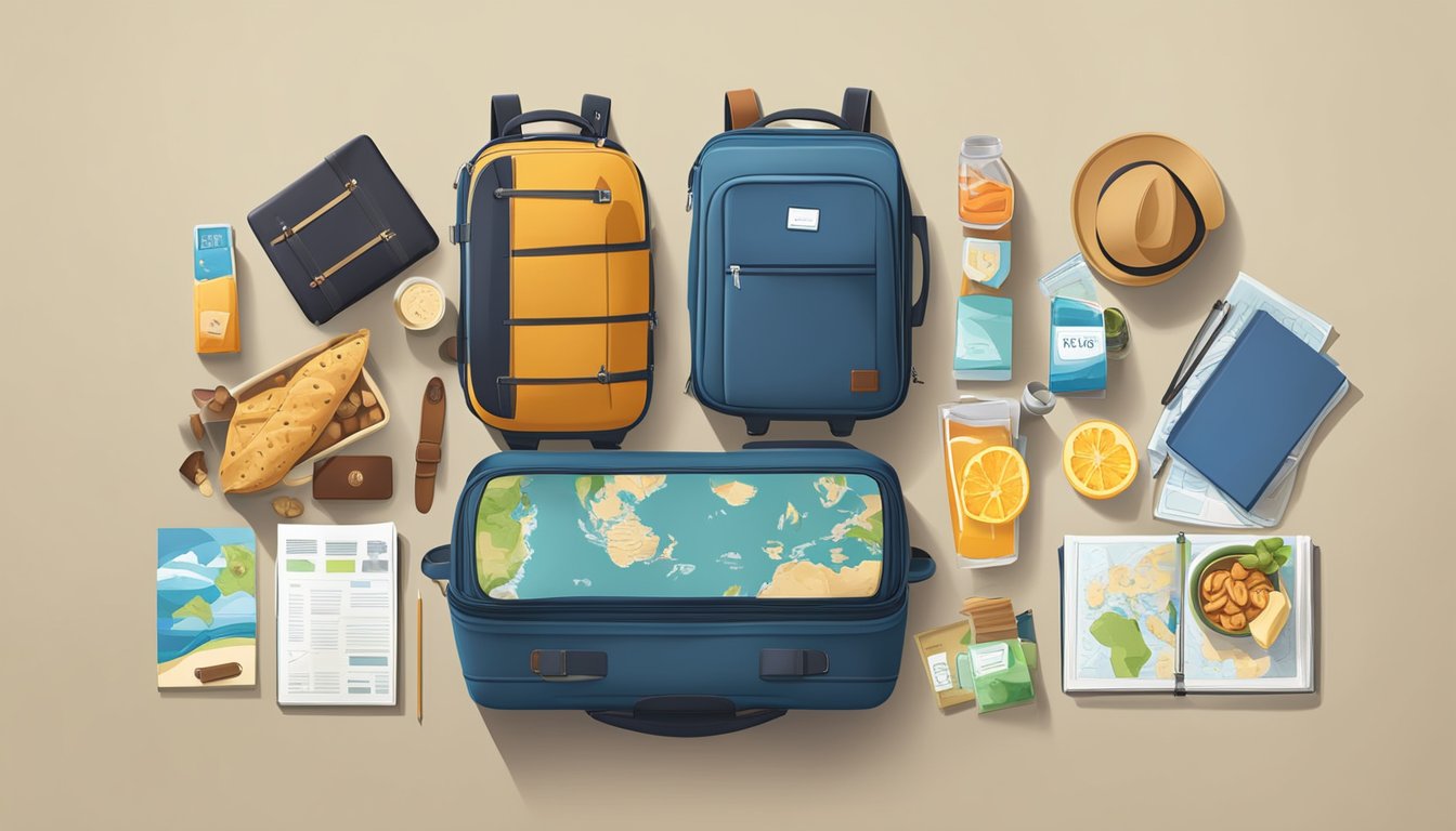 A family's luggage and travel essentials spread out on a table, with passports, maps, and guidebooks. A variety of snacks and drinks are packed neatly for easy access while on the go