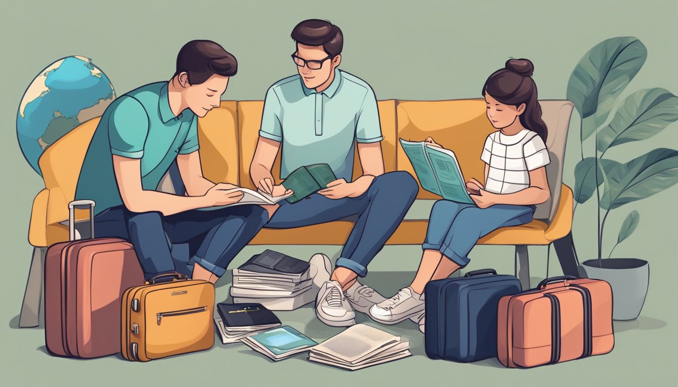 A family sits together with a globe, passports, and travel guides. They are discussing and planning their next adventure, surrounded by luggage and travel essentials