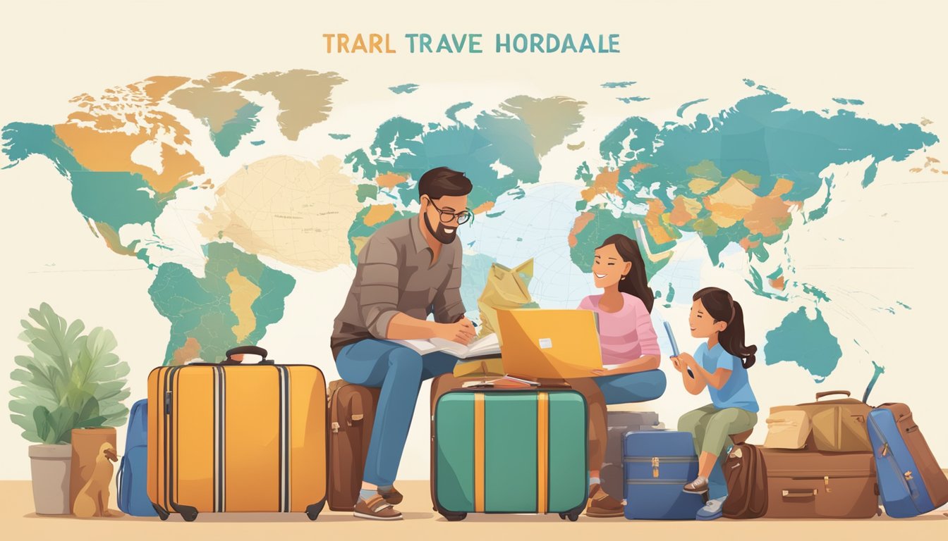 A family packing suitcases, reading travel guides, and researching destinations, with a world map in the background