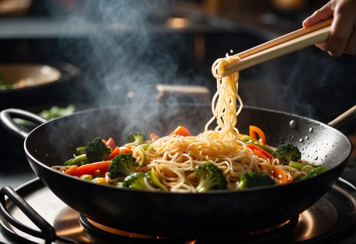 A steaming wok sizzles with stir-fried noodles, vegetables, and savory seasonings, emitting a mouth-watering aroma. A pair of chopsticks rests on the edge of the pan