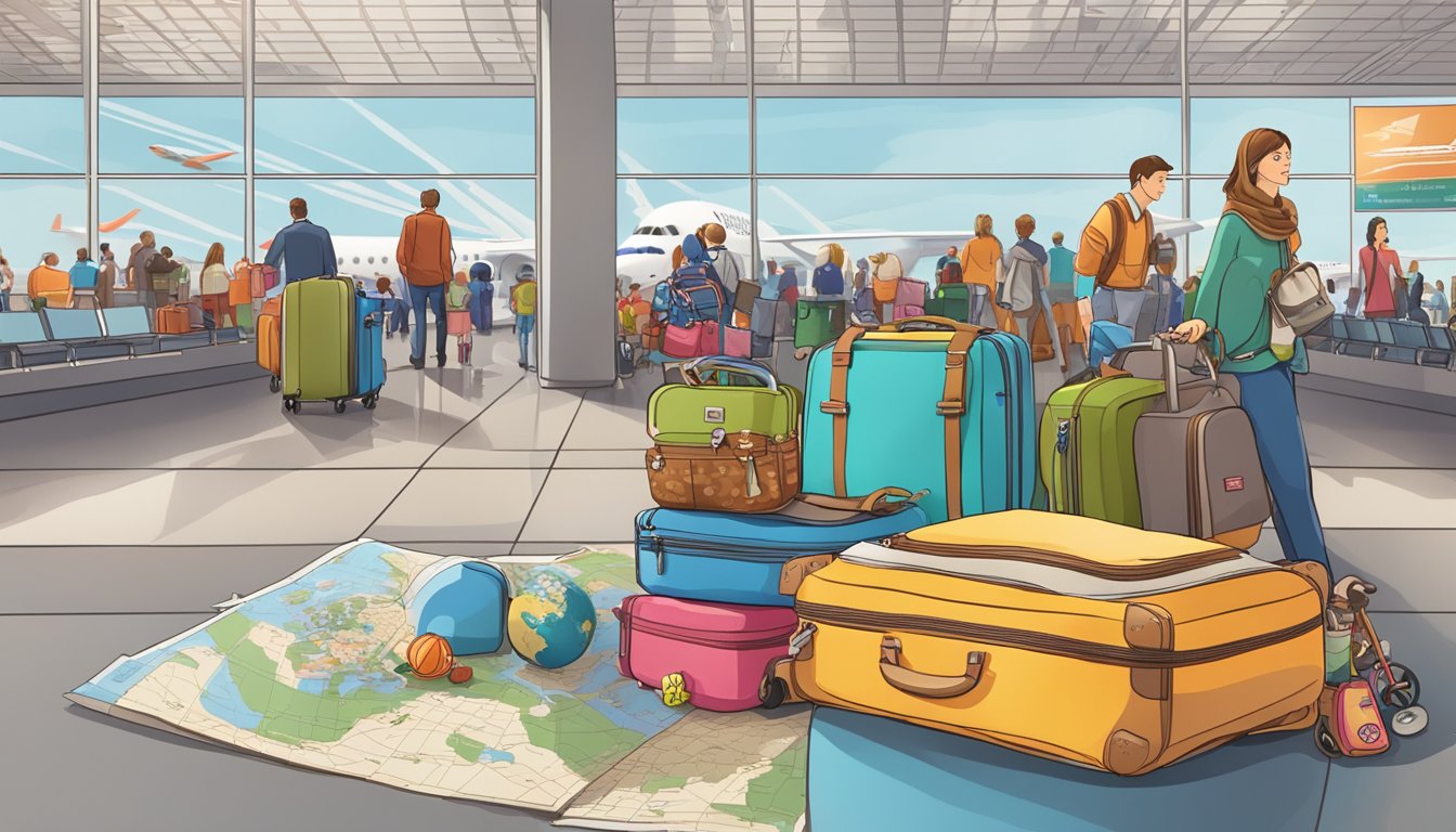 A family's luggage, stroller, and toys scattered around a bustling airport terminal, with a world map and travel guide in the background