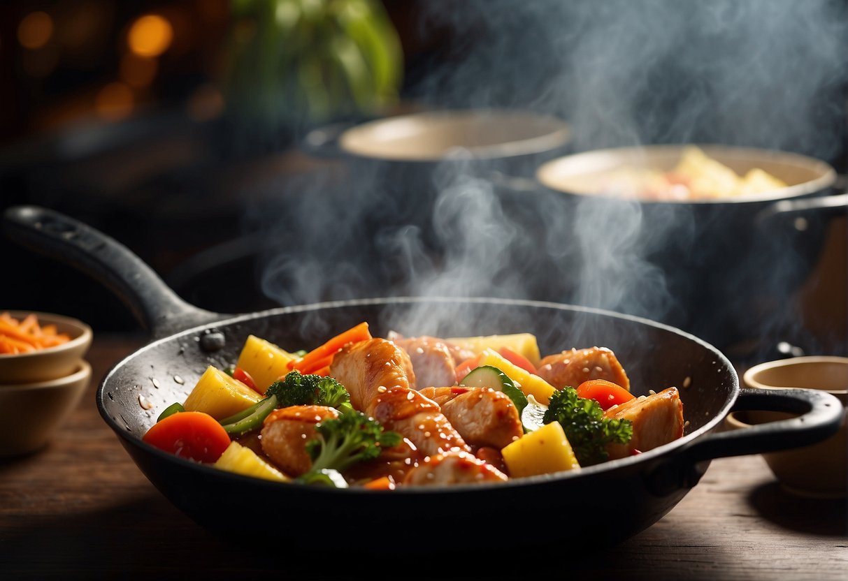 Sizzling chicken, vegetables, and pineapple in a wok with sweet and sour sauce. Steam rising, chopsticks nearby
