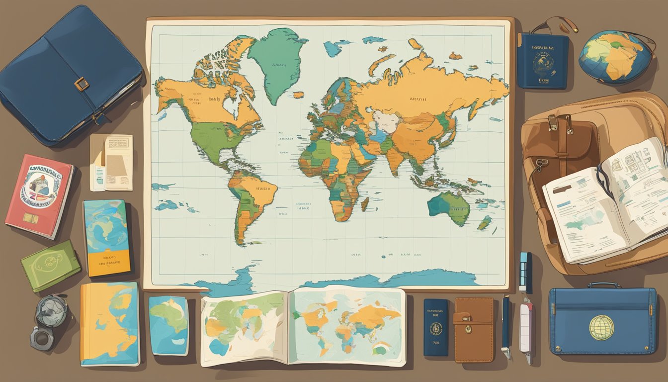 A family's suitcases, passports, and travel guides spread out on a table. A world map hangs on the wall, marked with destinations. A globe sits nearby, surrounded by travel souvenirs and mementos