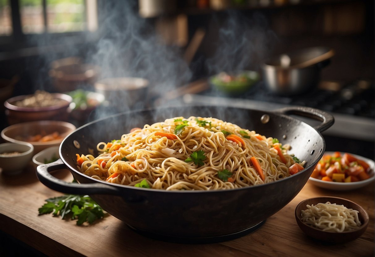 A steaming wok of Chinese pancit noodles sits on a rustic wooden table, surrounded by colorful ingredients and utensils. Airtight containers line the shelves in the background, ready to store the finished dish