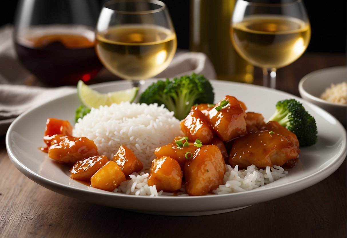 A plate of sweet and sour chicken with steamed rice, accompanied by chopsticks and a glass of white wine
