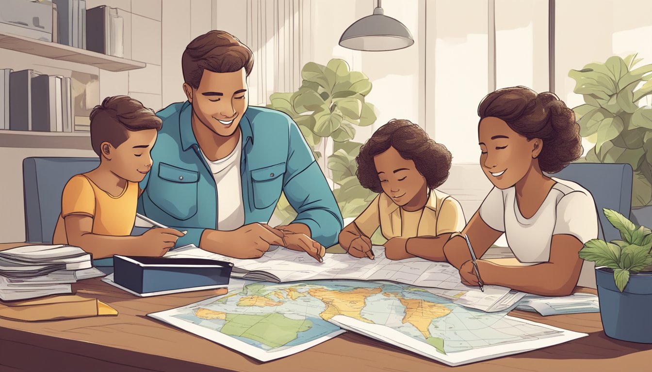 A family sits around a table with a map, calculator, and notebook, discussing budgeting and managing expenses for their world travel