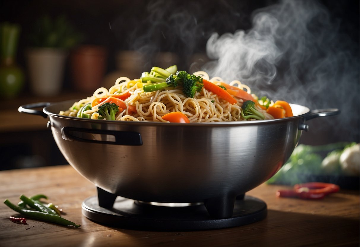 A steaming wok filled with sizzling noodles, colorful vegetables, and savory seasonings, as steam rises and the aroma of Chinese pancit fills the air