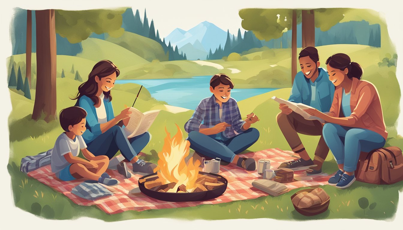 A family sitting around a campfire, roasting marshmallows and sharing stories. A map of the world is spread out on a picnic blanket, with markers indicating different travel destinations