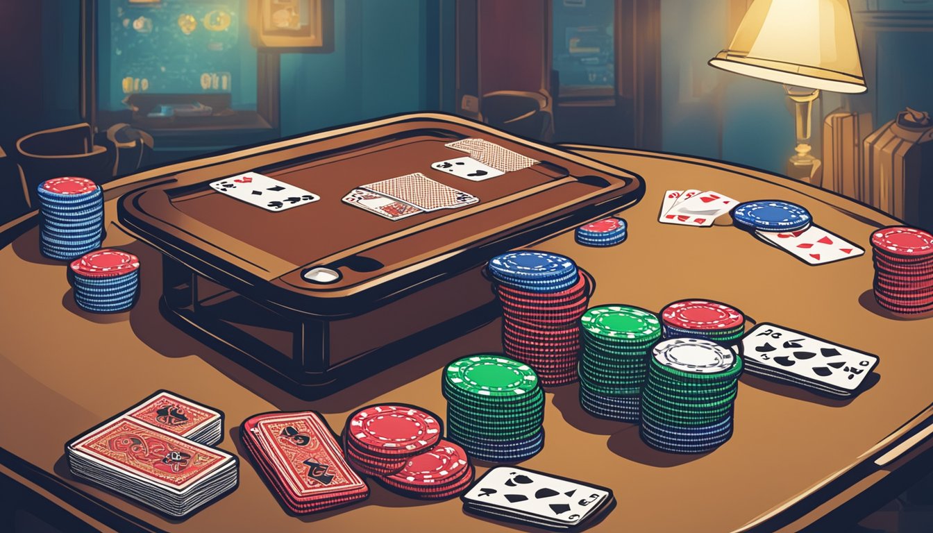 A table with poker chips, a deck of cards, and a card shuffler. A bright spotlight illuminates the accessories. The background shows a sign that reads "Where to buy cheap poker cards in Singapore."
