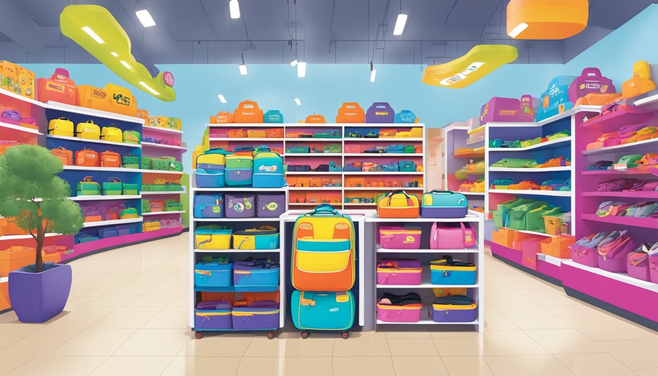 A colorful display of Trunki luggage at a bustling store in Singapore. Shelves are stocked with various sizes and designs, while a sign prominently advertises the brand