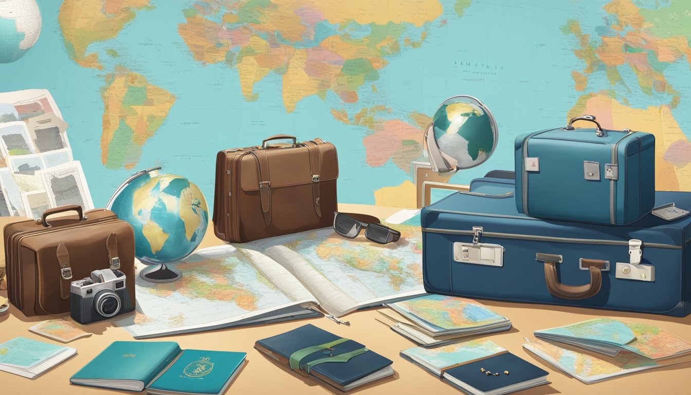 A family's suitcases, passports, and a world map spread out on a table, surrounded by travel guides and cameras. A globe sits nearby, with colorful push pins marking past and future destinations