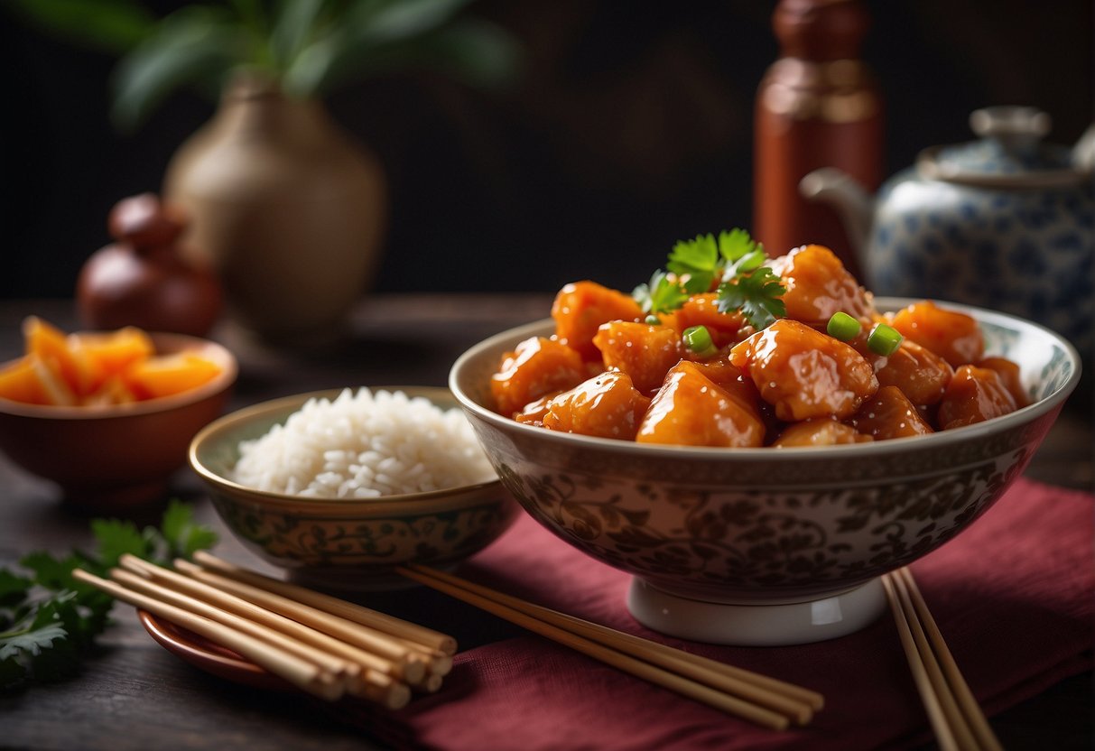 A steaming plate of sweet and sour chicken, surrounded by chopsticks and a bowl of rice, with a background of traditional Chinese decor