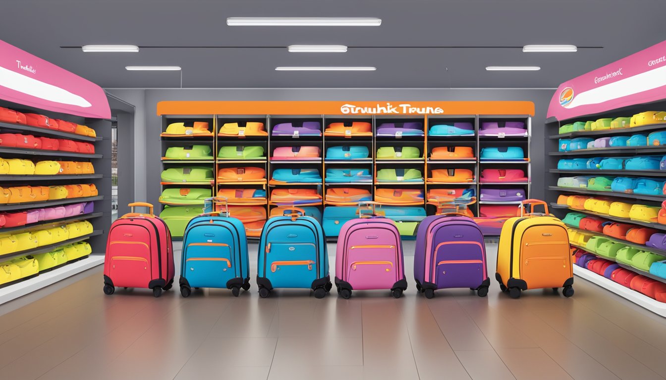 A colorful display of Trunki luggage at a Singaporean retail store, with shelves neatly stocked and a prominent sign indicating "Trunki Luggage for Sale."
