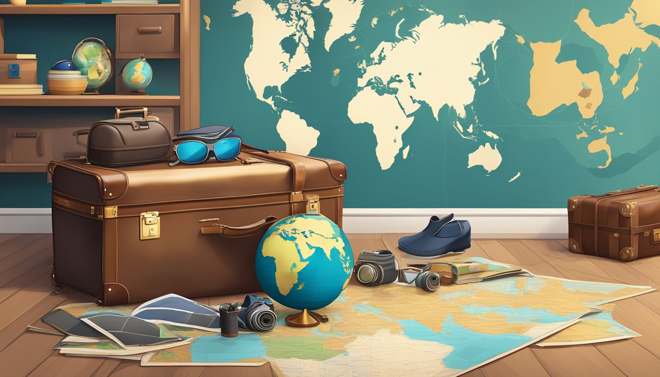 A family's suitcases and travel accessories scattered on a living room floor, with a world map on the wall and a globe on a table
