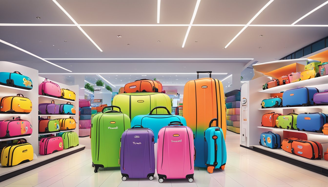 A colorful display of Trunki luggage at a Singapore store, showcasing its features and benefits