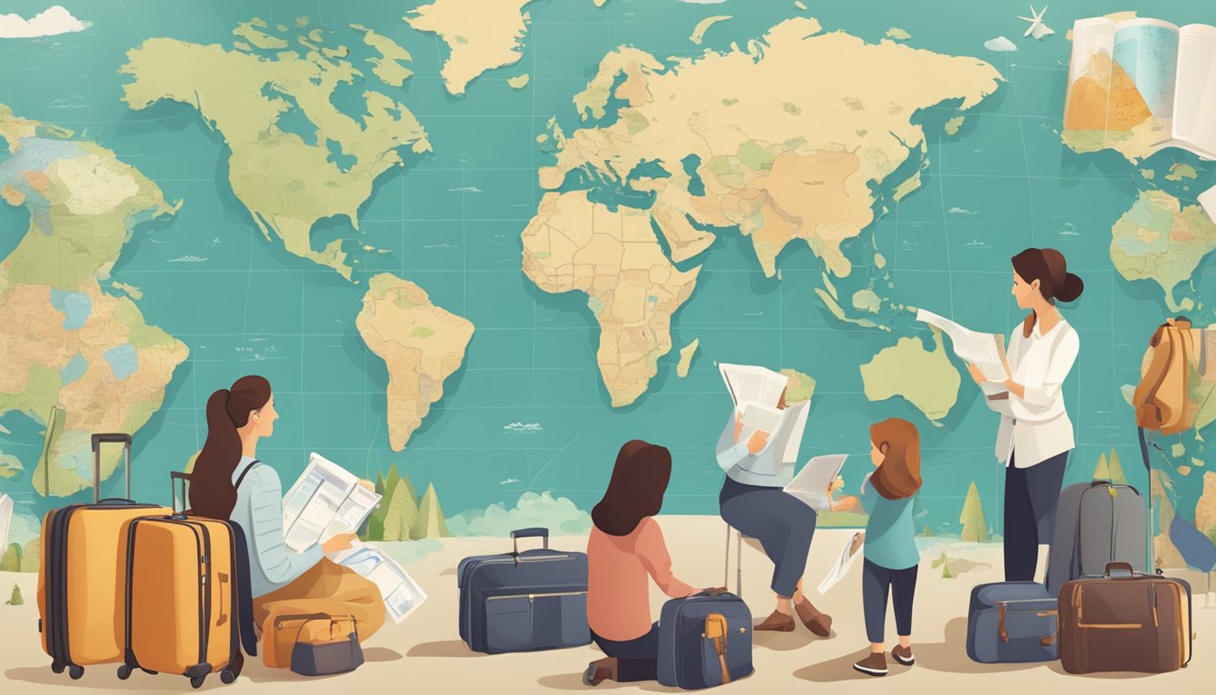 A family packs suitcases, passports, and travel guides. They gather around a world map, discussing their next adventure
