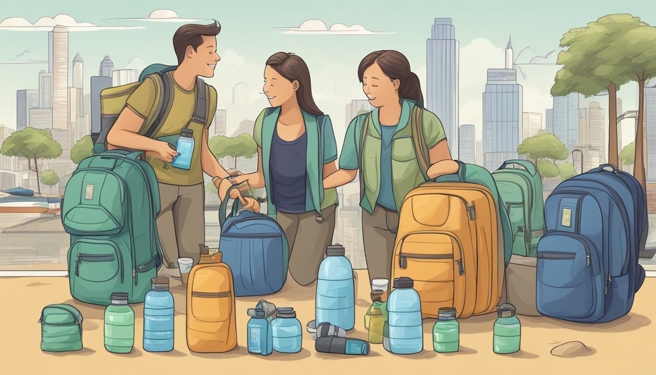 A family packs reusable water bottles, cloth tote bags, and eco-friendly toiletries for their trip around the world. They research sustainable accommodations and transportation options