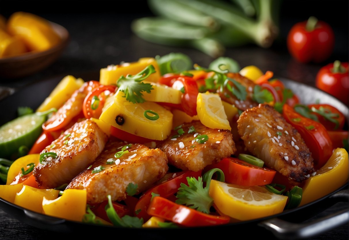 A wok sizzles with sweet and sour sauce coating crispy fish fillets, surrounded by vibrant bell peppers, pineapple chunks, and sliced green onions