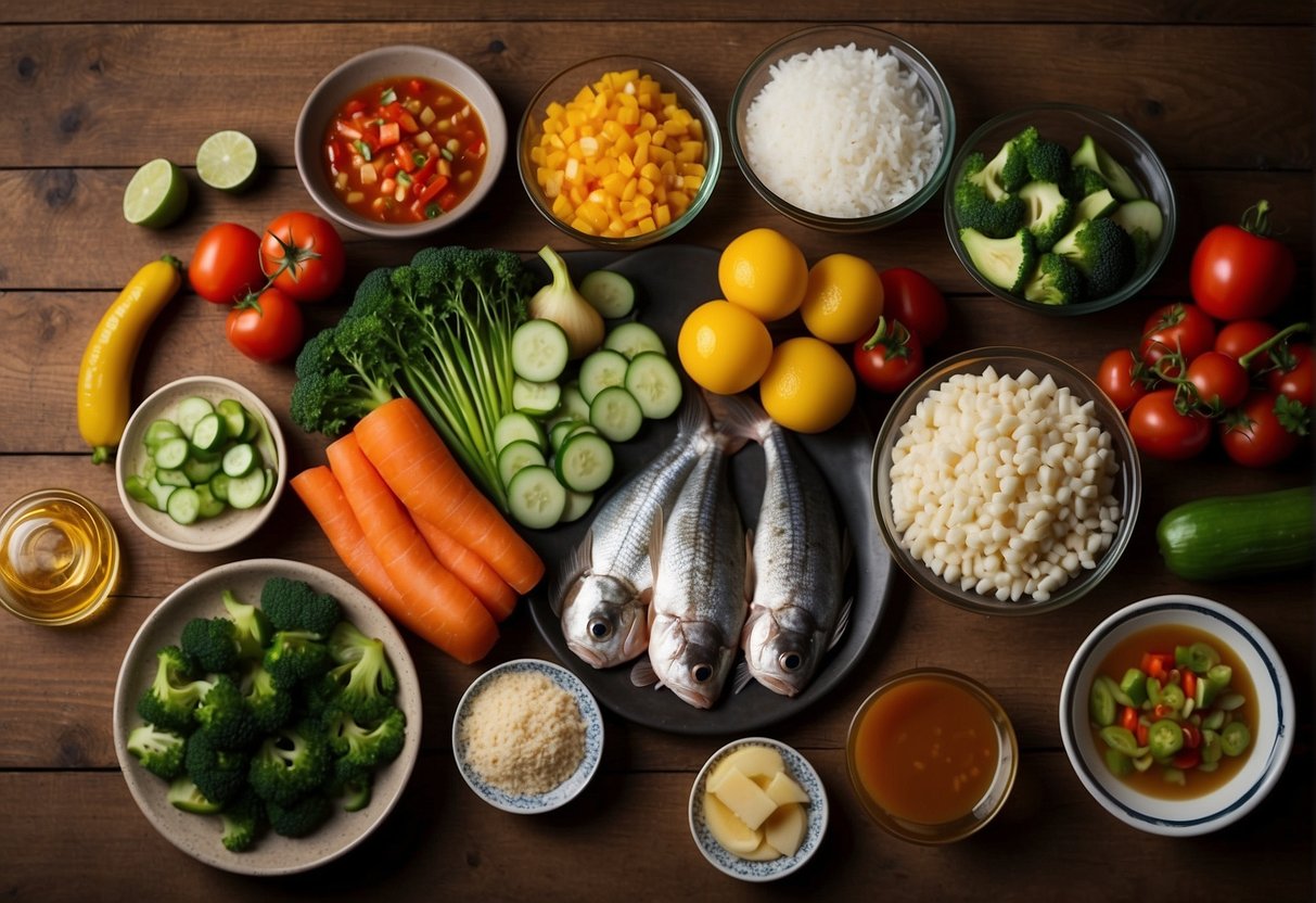 A table filled with fresh fish, vegetables, and condiments for a sweet and sour fish recipe. Ingredients are neatly arranged and ready for preparation