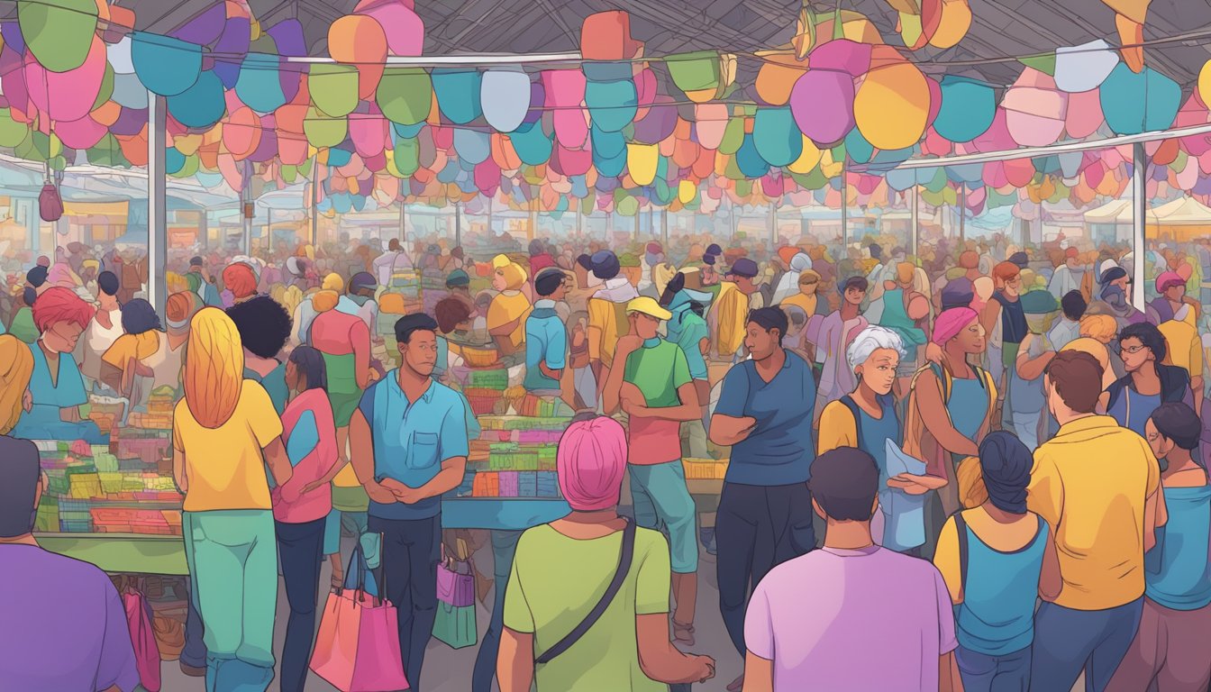 A crowded marketplace with colorful wig stalls and price signs. People browsing and vendors calling out deals