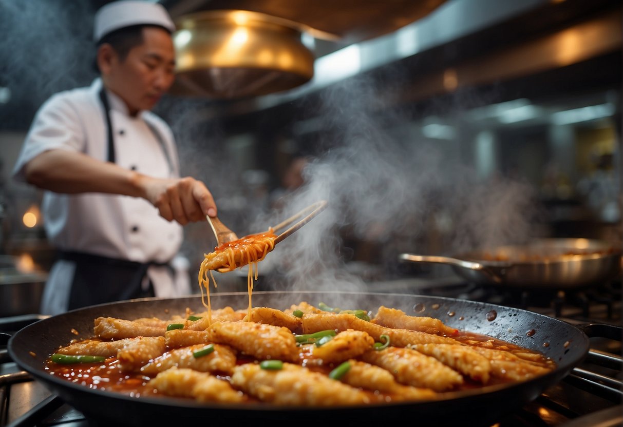 A wok sizzles as sweet and sour sauce is poured over golden-fried fish, creating a tantalizing aroma in a bustling Chinese kitchen