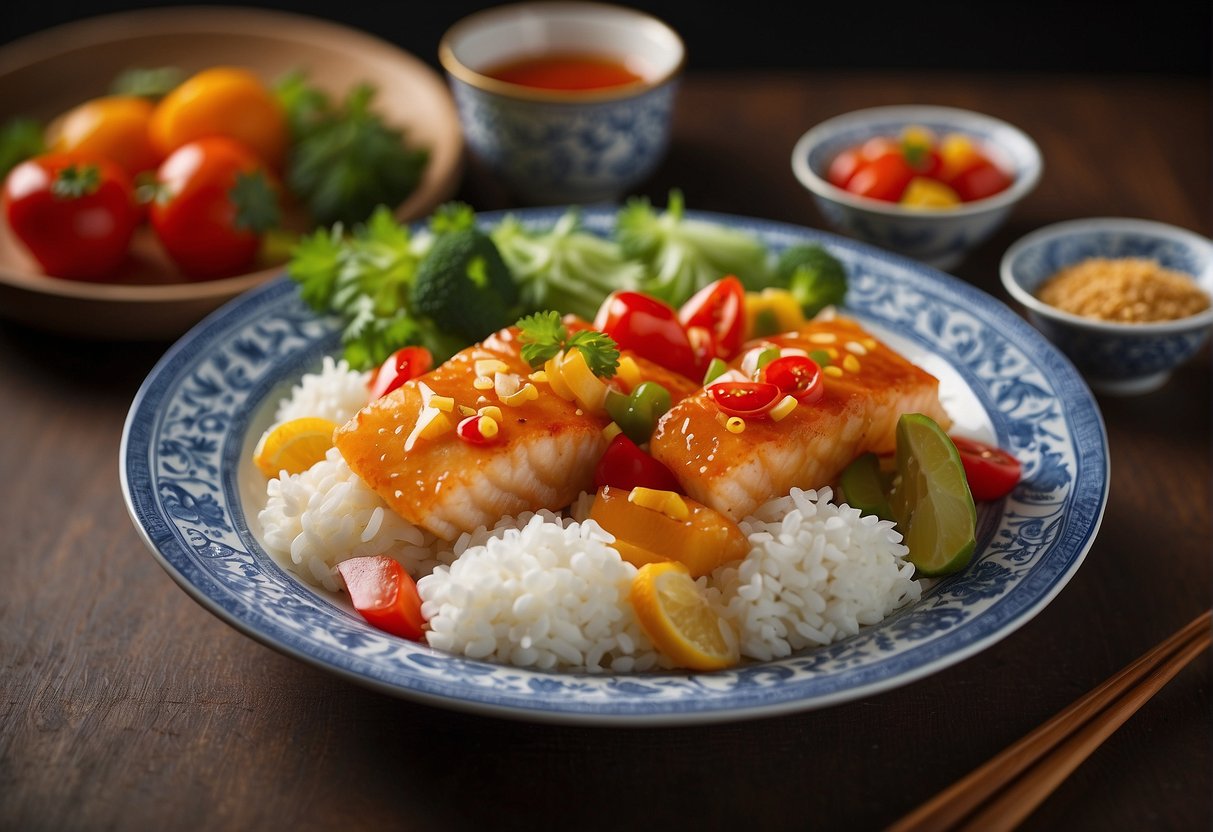 A table with a plate of sweet and sour fish, surrounded by various Chinese ingredients and a nutritional information label