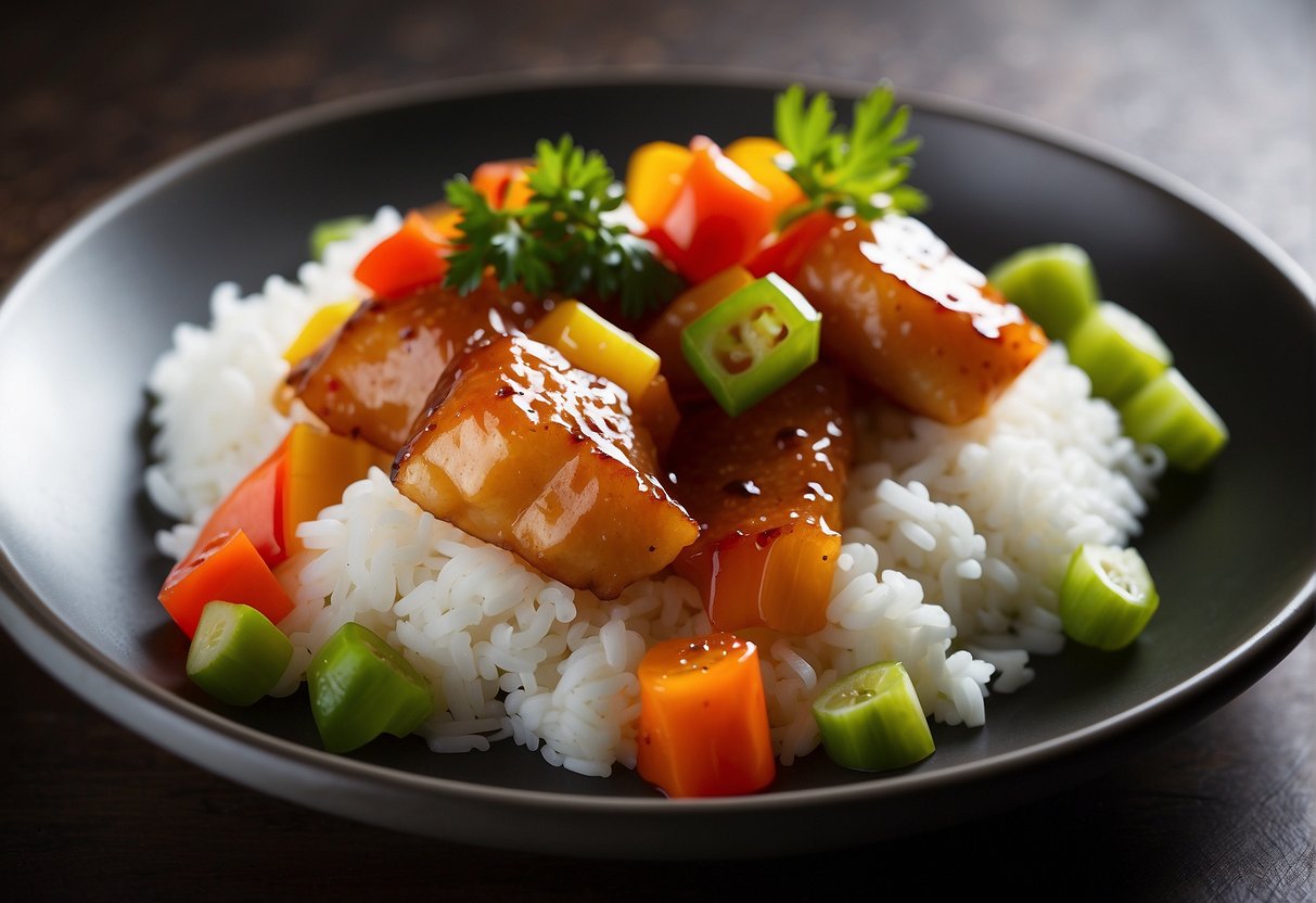 A plate of sweet and sour fish, garnished with colorful vegetables and served on a bed of steamed white rice, with a side of tangy dipping sauce