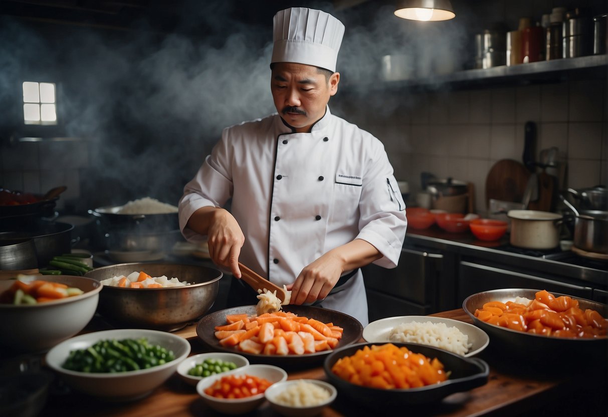 A chef preparing a sweet and sour fish dish in a traditional Chinese kitchen, surrounded by various ingredients and cooking utensils