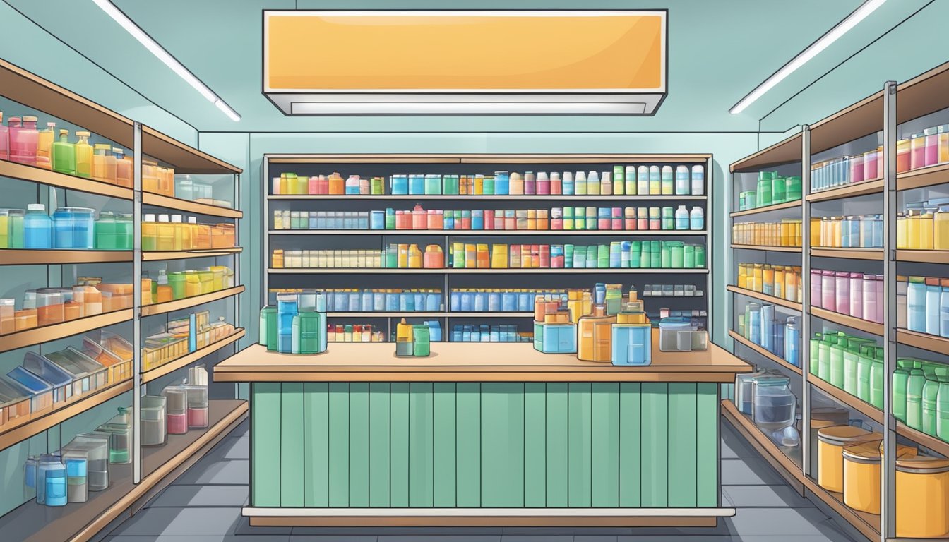 Chemical store in Singapore with shelves of labeled containers and a counter with a cashier