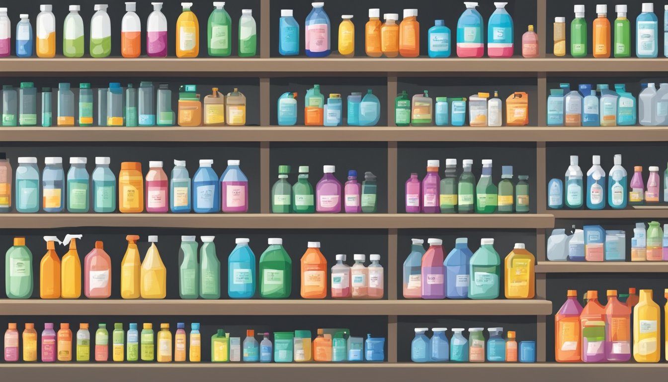 A store shelf with various chemical containers labeled "Frequently Asked Questions: Where to buy chemicals in Singapore."
